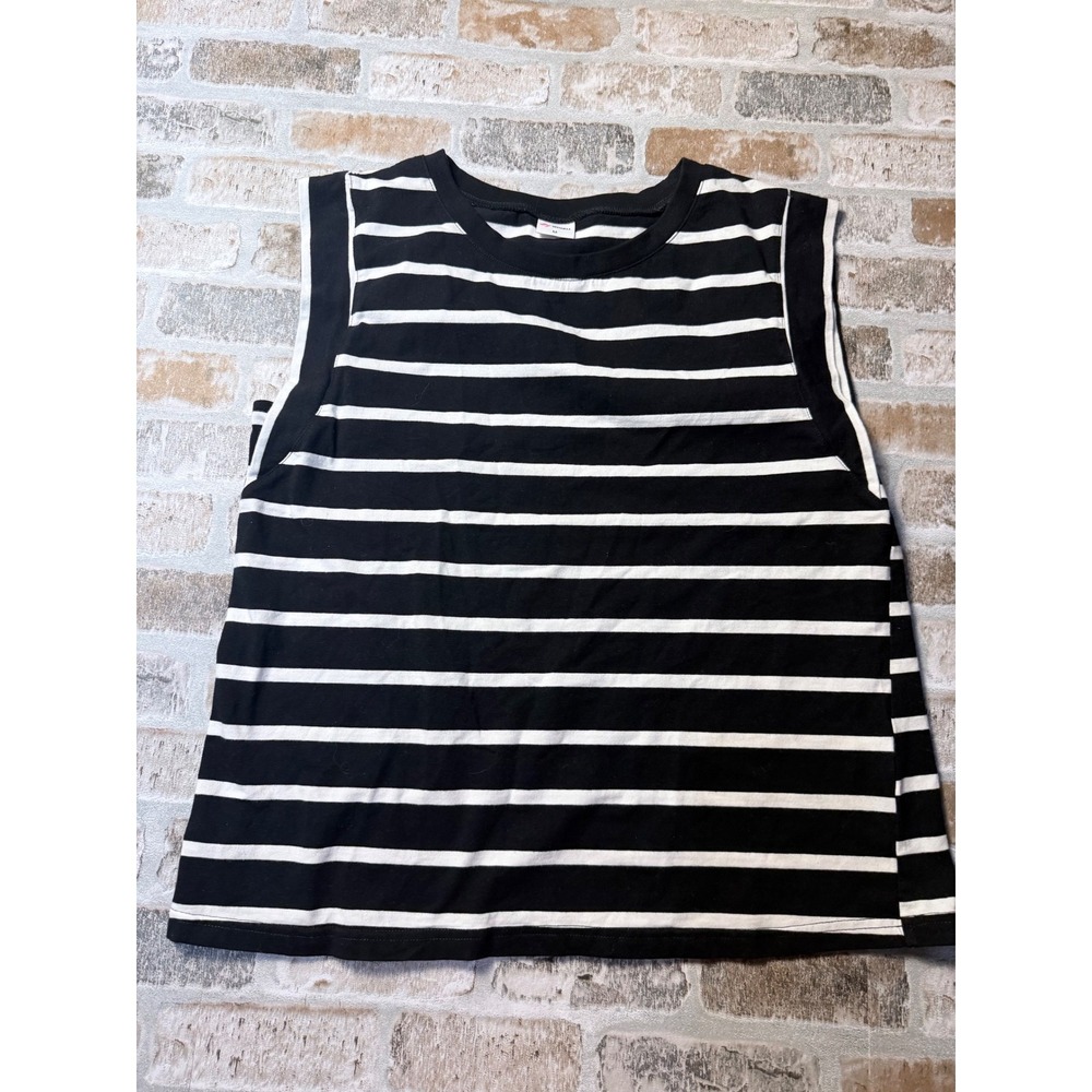 WIHOLL Womens Black White Striped Muscle Tank Top Sleeveless Crew Neck Size M